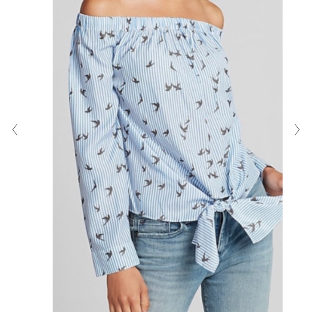 Striped bird off the shoulder tie front blouse